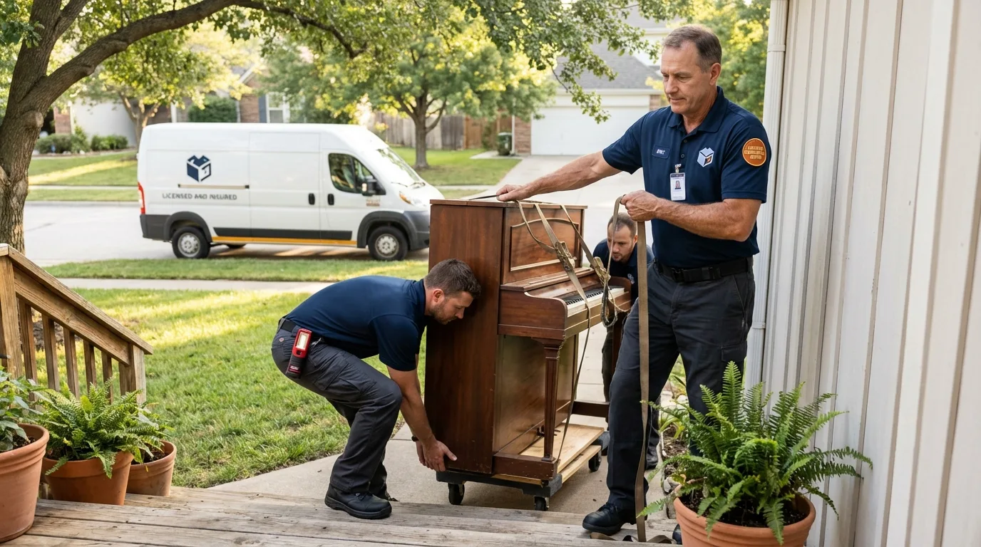 Licensed piano movers securing grand piano in Smithfield, VA