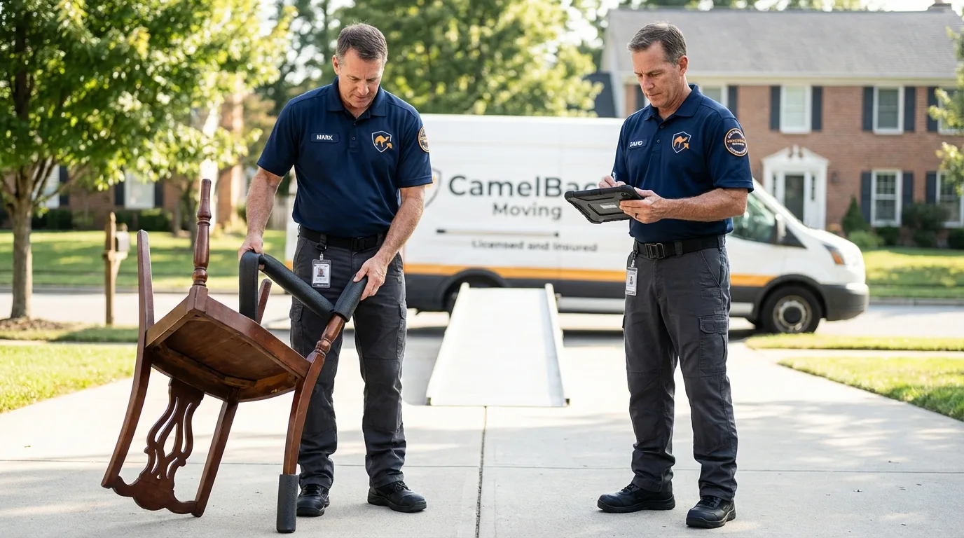 Movers inspecting furniture for damage prevention before loading in Smithfield, VA