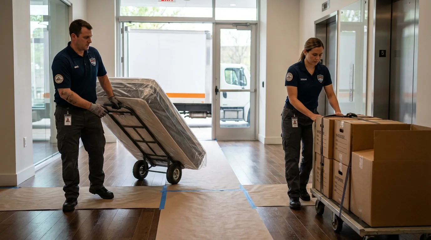 Professional apartment movers loading elevator in Smithfield, VA